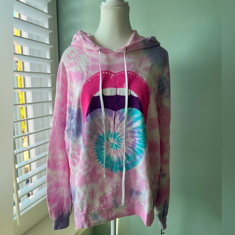 Lauren Moshi Anissa Tie Dye Tongue Hoodie Pink Purple Long Sleeve Soft Cozy.